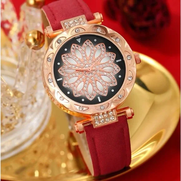 New Red Starry Sky Luxury Leather Strap Rose Gold Sapphire Bracelet Watch Set - Picture 15 of 16